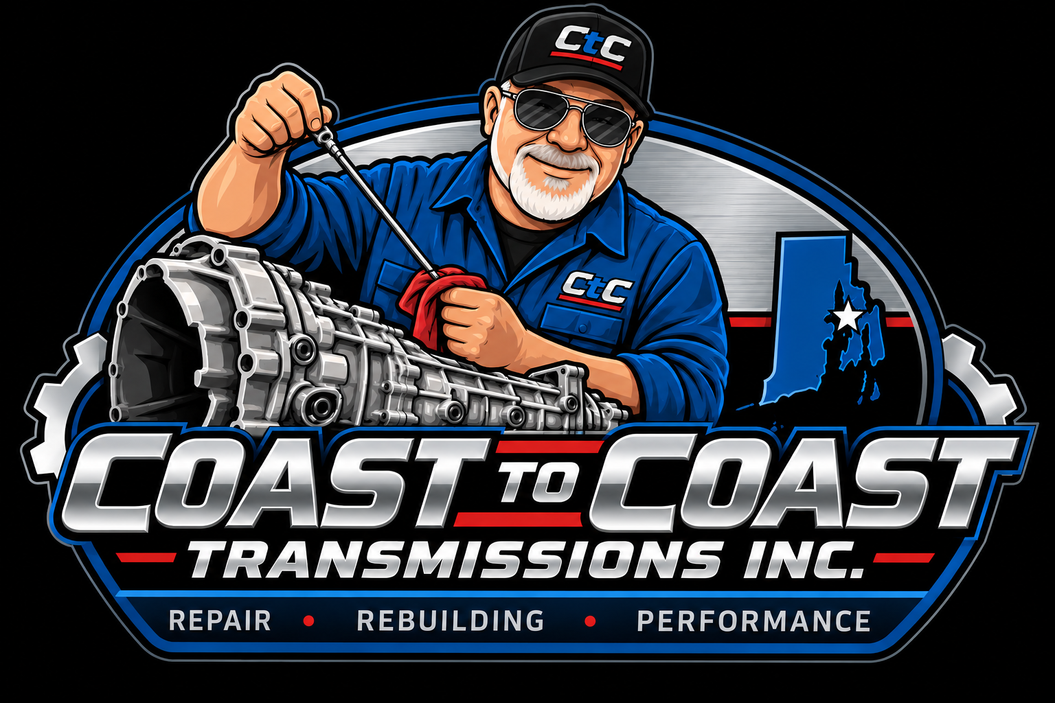 Coast to Coast Transmissions mascot with Rhode Island emblem